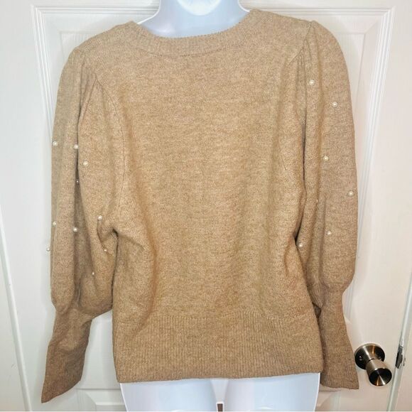 CeCe Tan Crew Neck Pearl Knit Embellished Sweater Long Balloon Sleeves S - Picture 6 of 9